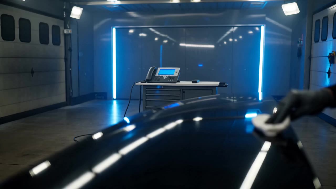 A shop reception counter glows as a call is answered and a booking lands, while the shop keeps working.